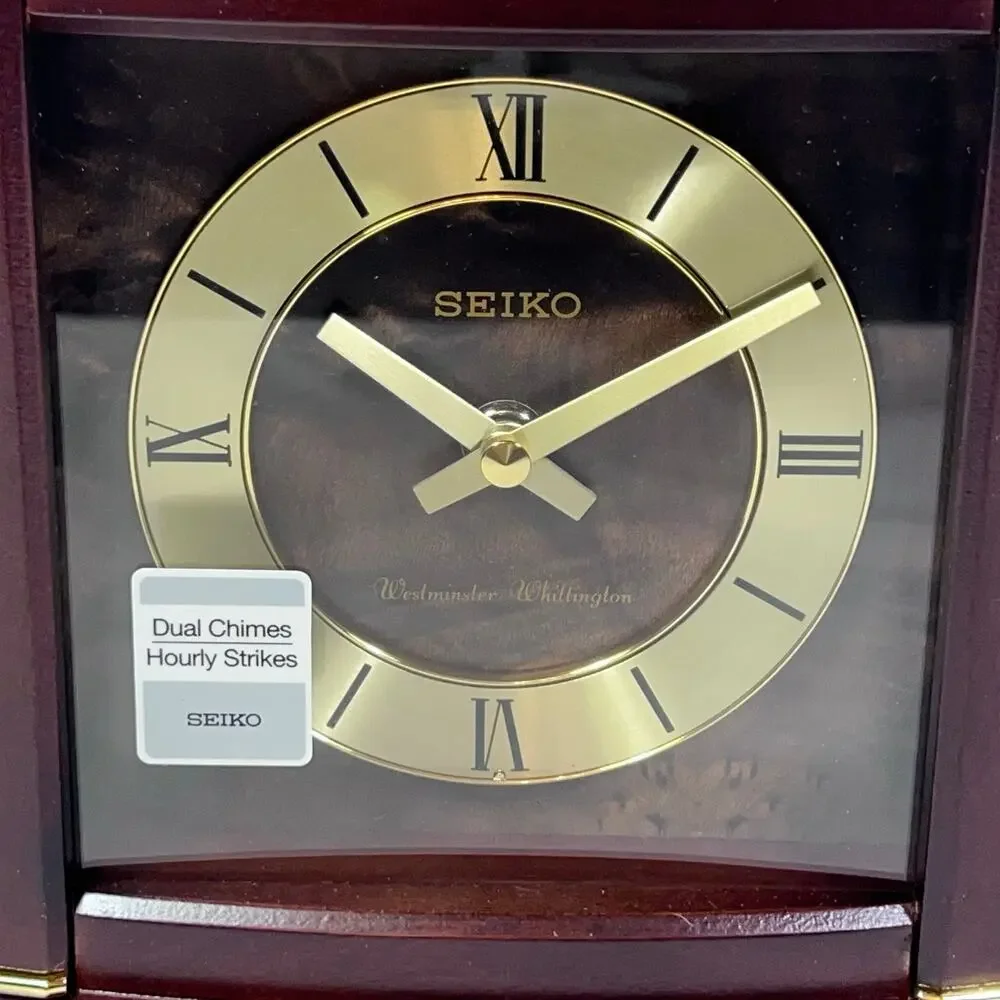 Seiko Dark Brown Wood Gold Mantel Clock Dual Chimes Westminster QXJ030B New